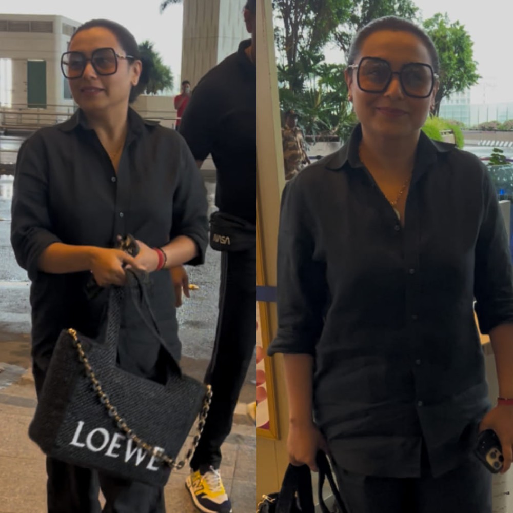Rani Mukerji pairs Rs 1,30,792 Loewe bag with laidback black co-ord set look  Rani Mukerji pairs Rs 1,30,792 Loewe bag with laidback black co-ord set look