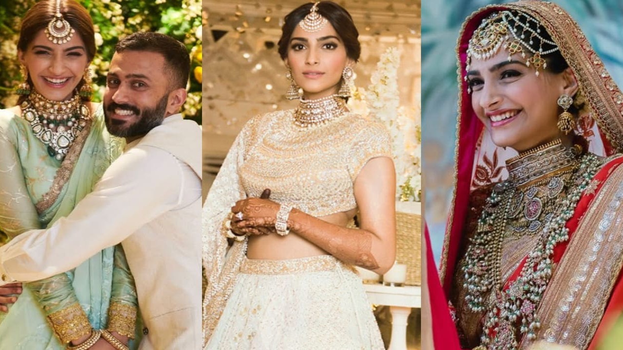 Sonam Kapoor's red and gold Anuradha Vakil wedding lehenga took six months to make, but highlight was multi-stranded matha patti (PC: Sonam Kapoor IG, Abu Jani Sandeep Khosla IG) Sonam Kapoor
