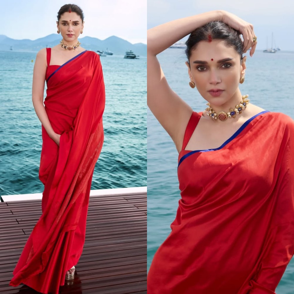 Aditi Rao Hydari wears sindoor and red saree as she flaunts new bride energy at Cannes 2025