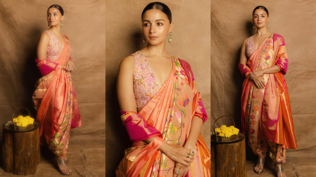 Alia Bhatt's nauvari look in Abu Jani Sandeep Khosla's paithani saree and backless blouse took 75 days to make. PC: Gourab Ganguli