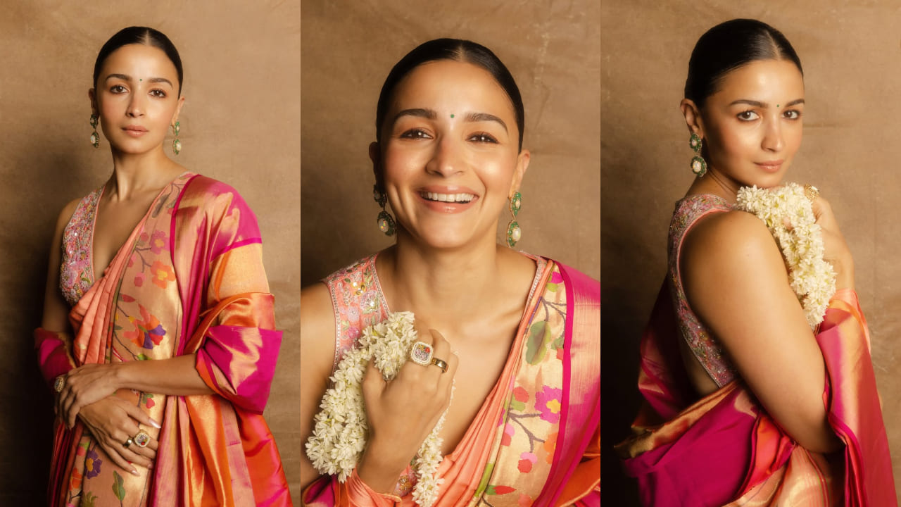 Alia Bhatt's nauvari look in Abu Jani Sandeep Khosla's paithani saree and backless blouse took 75 days to make. PC: Gourab Ganguli