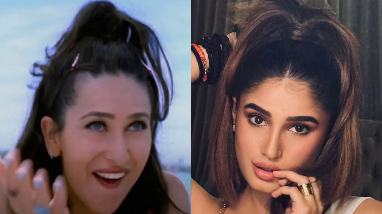 Rasha Thadani recreates Karisma Kapoor’s iconic high pony hairstyle with bronzed make-up. PC: Rasha Thadani IG, TIPS official YT