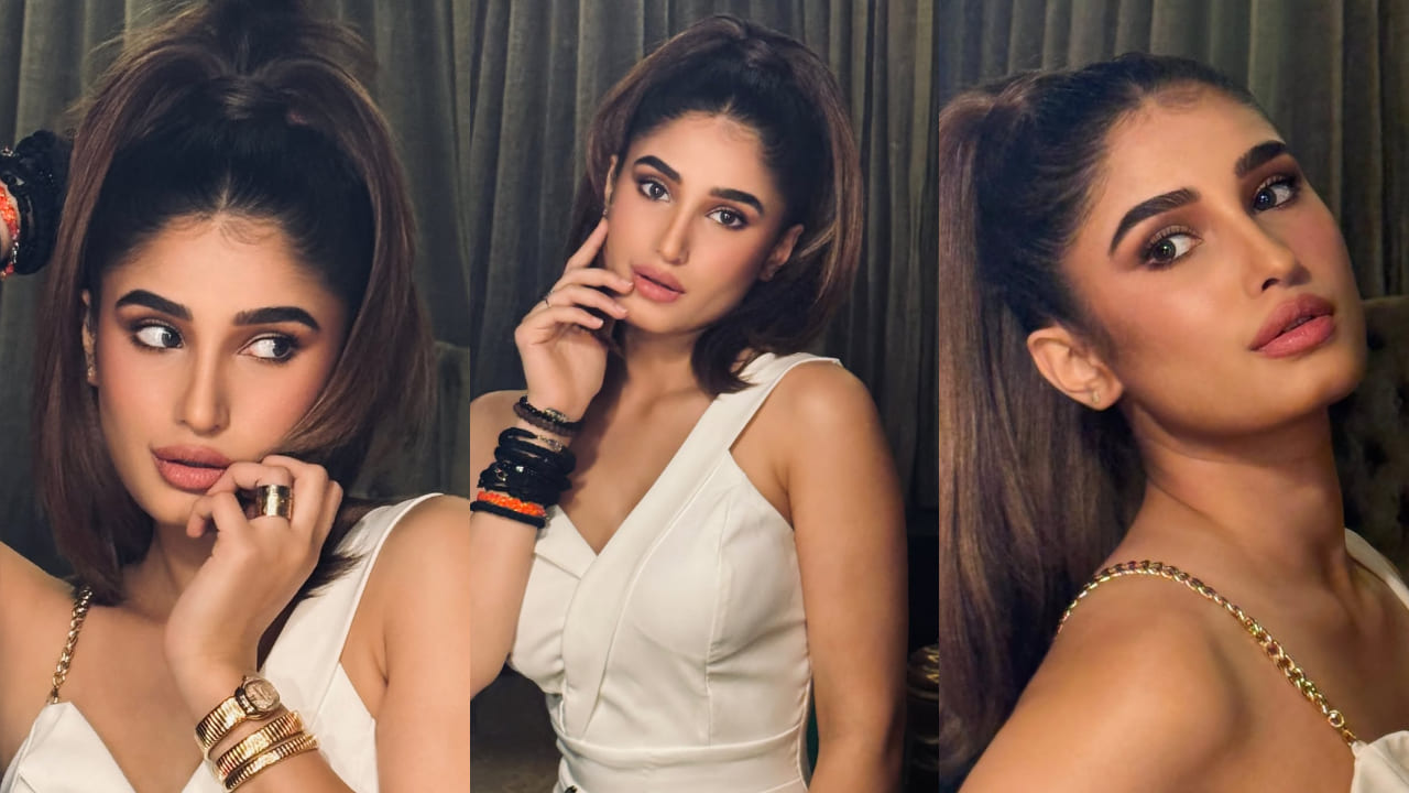Rasha Thadani recreates Karisma Kapoor’s iconic high pony hairstyle with bronzed make-up. PC: Rasha Thadani IG, TIPS official YT