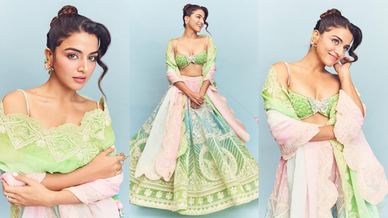 Wamiqa Gabbi’s pastel ombre lehenga with plunging neckline blouse sets perfect tone for modern ethnic fashion. PC: Aman Nagoshe
