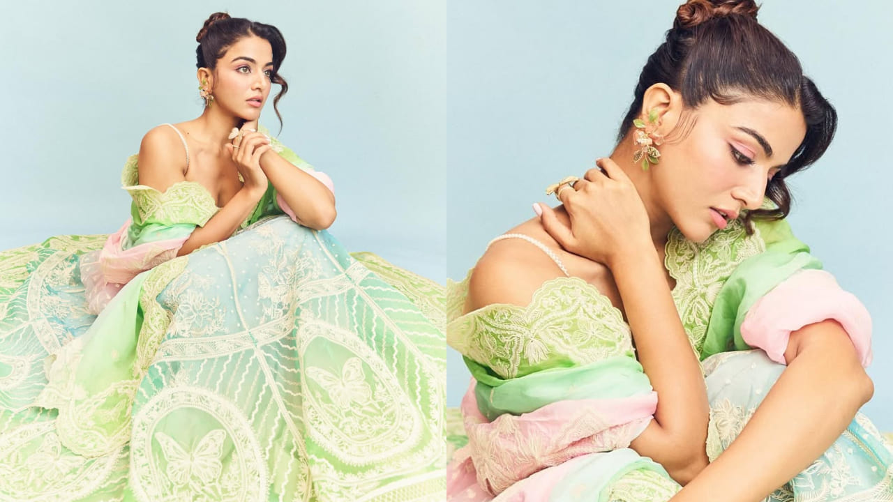 Wamiqa Gabbi’s pastel ombre lehenga with plunging neckline blouse sets perfect tone for modern ethnic fashion. PC: Aman Nagoshe