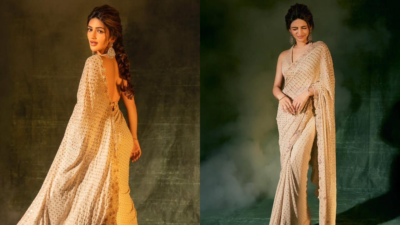 Sreeleela styles backless halter-neck blouse with ivory saree worth Rs 1,80,000 and it’s HOT. PC: Vijay Solanki