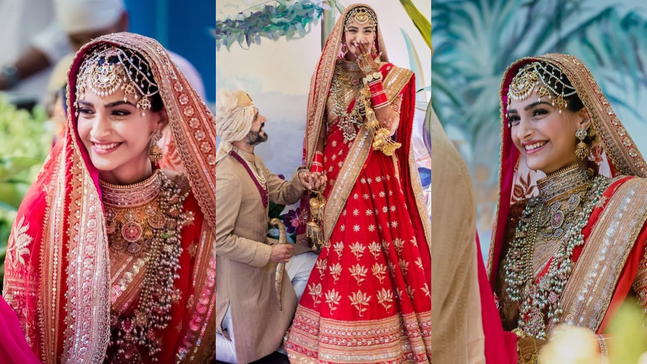 Sonam Kapoor's red and gold Anuradha Vakil wedding lehenga took six months to make, but highlight was multi-stranded matha patti
