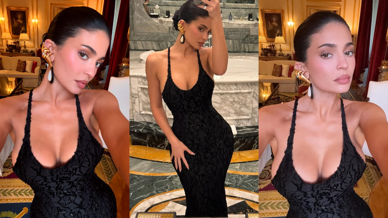 Kylie Jenner pairs golden claw-hand earring with plunging neckline maxi dress and it’s HOT plus quirky. PC: Kylie Jenner IG