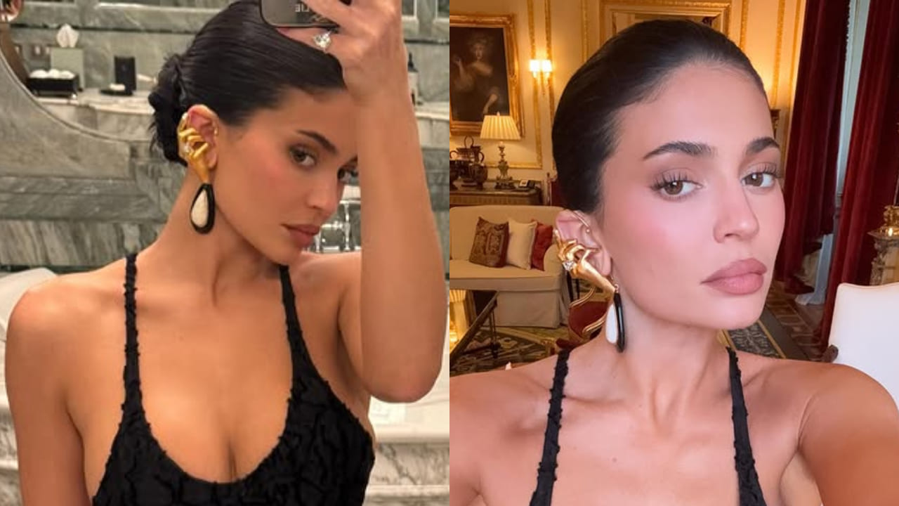 Kylie Jenner pairs golden claw-hand earring with plunging neckline maxi dress and it’s HOT plus quirky. PC: Kylie Jenner IG