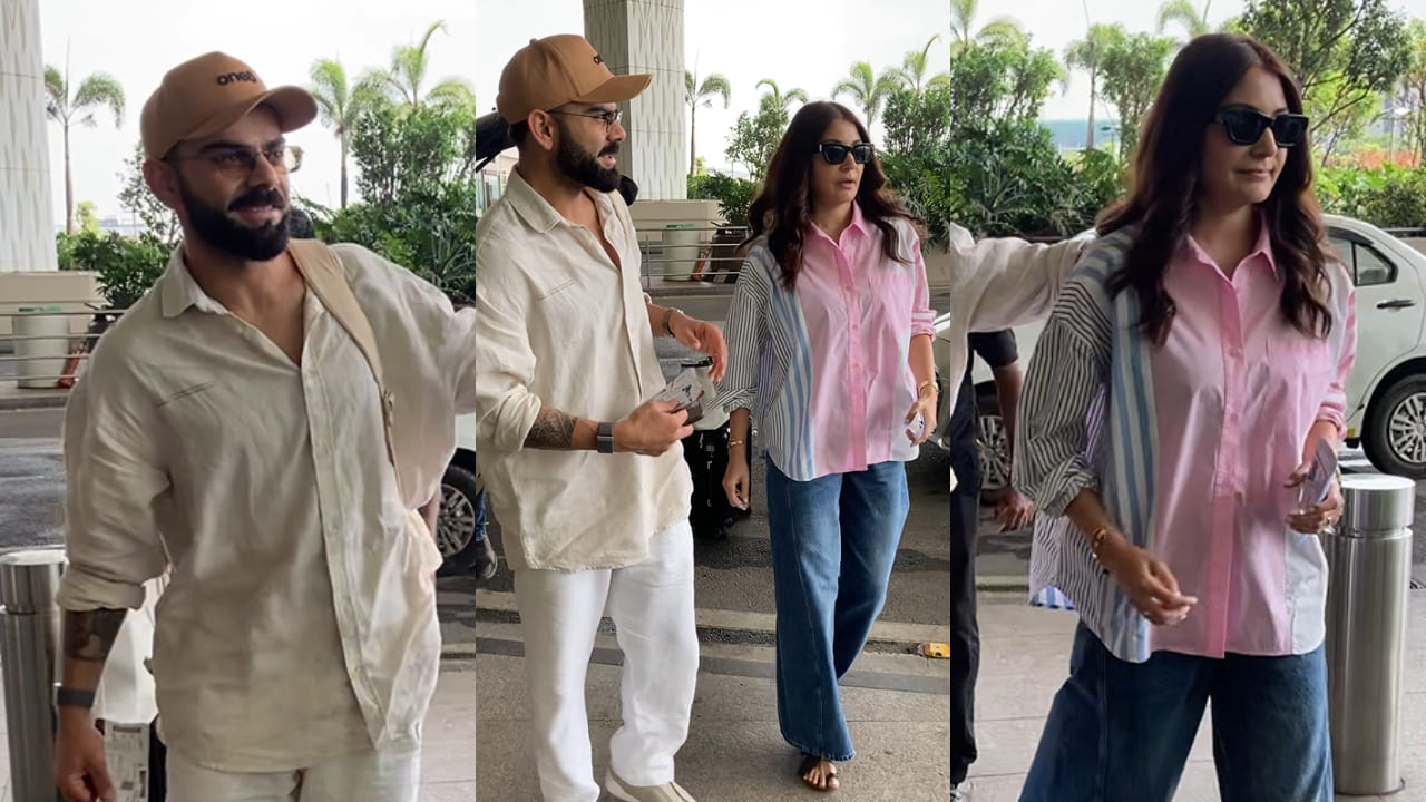Travel Look: Virat Kohli and Anushka Sharma play it cool in oversized shirts at Mumbai airport