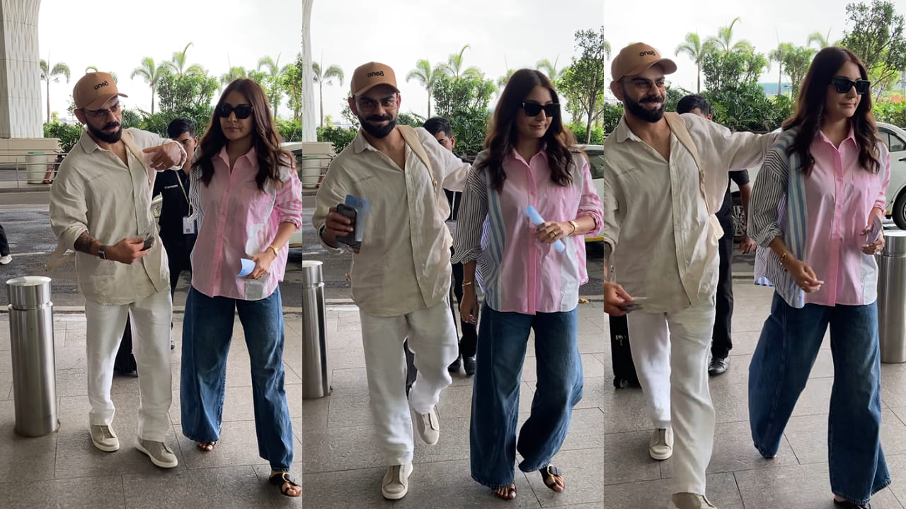 Travel Look: Virat Kohli and Anushka Sharma play it cool in oversized shirts at Mumbai airport