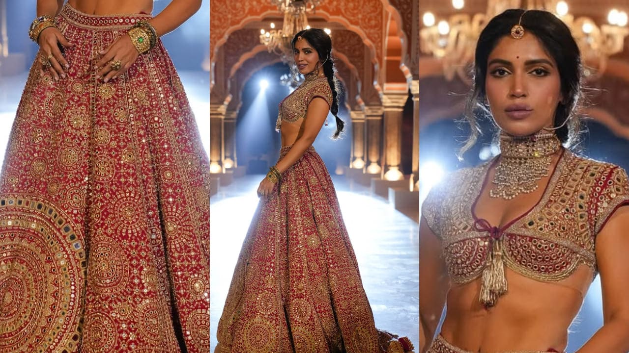 The Royals: Bhumi Pednekar wears 35-year-old mirror-work wedding lehenga by Abu Jani Sandeep Khosla. PC: Abu Jani Sandeep Khosla IG