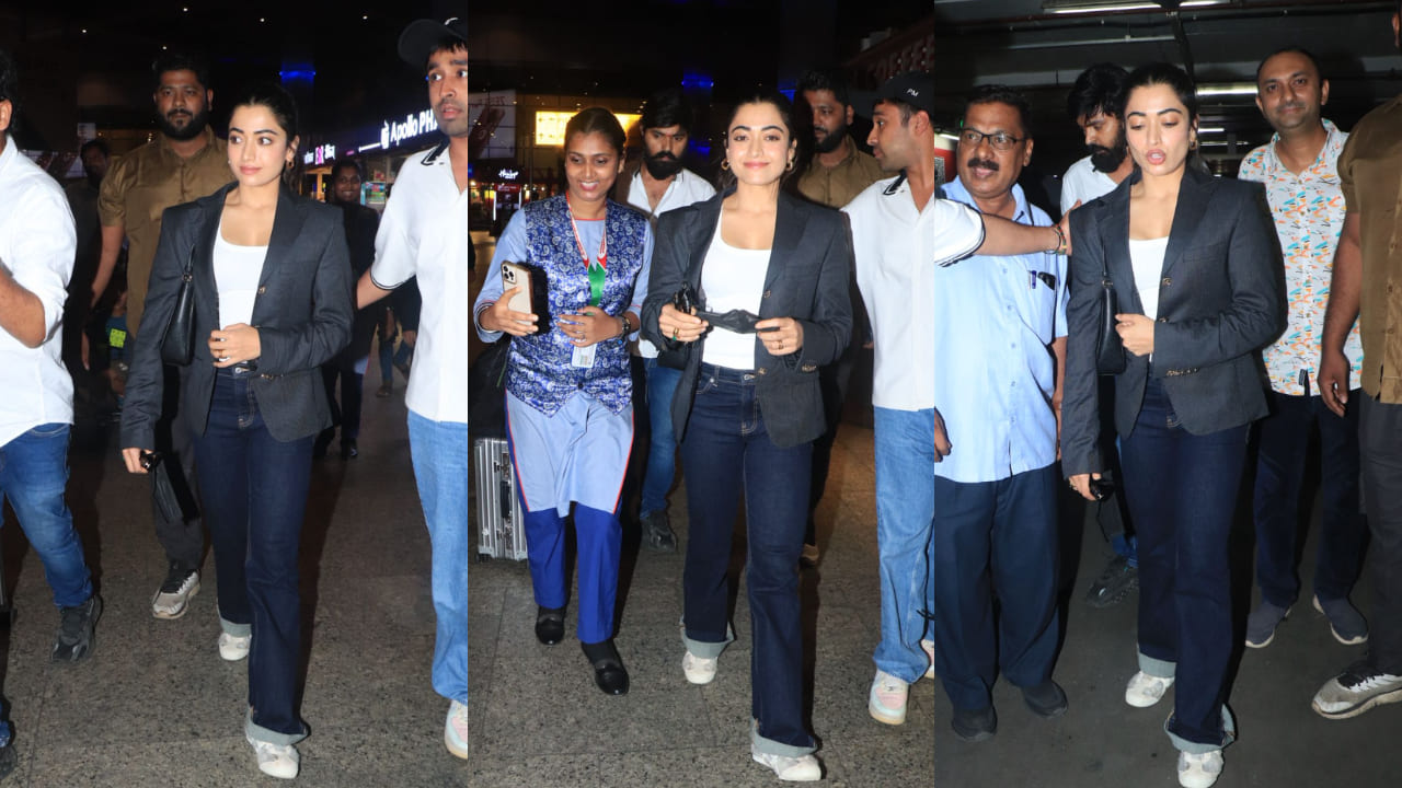Travel look: Rashmika Mandanna keeps her airport outfit formal with black blazer styled with blue jeans