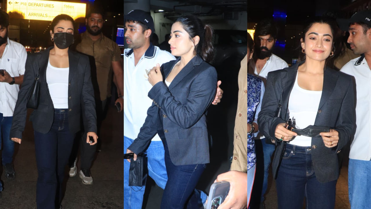 Travel look: Rashmika Mandanna keeps her airport outfit formal with black blazer styled with blue jeans