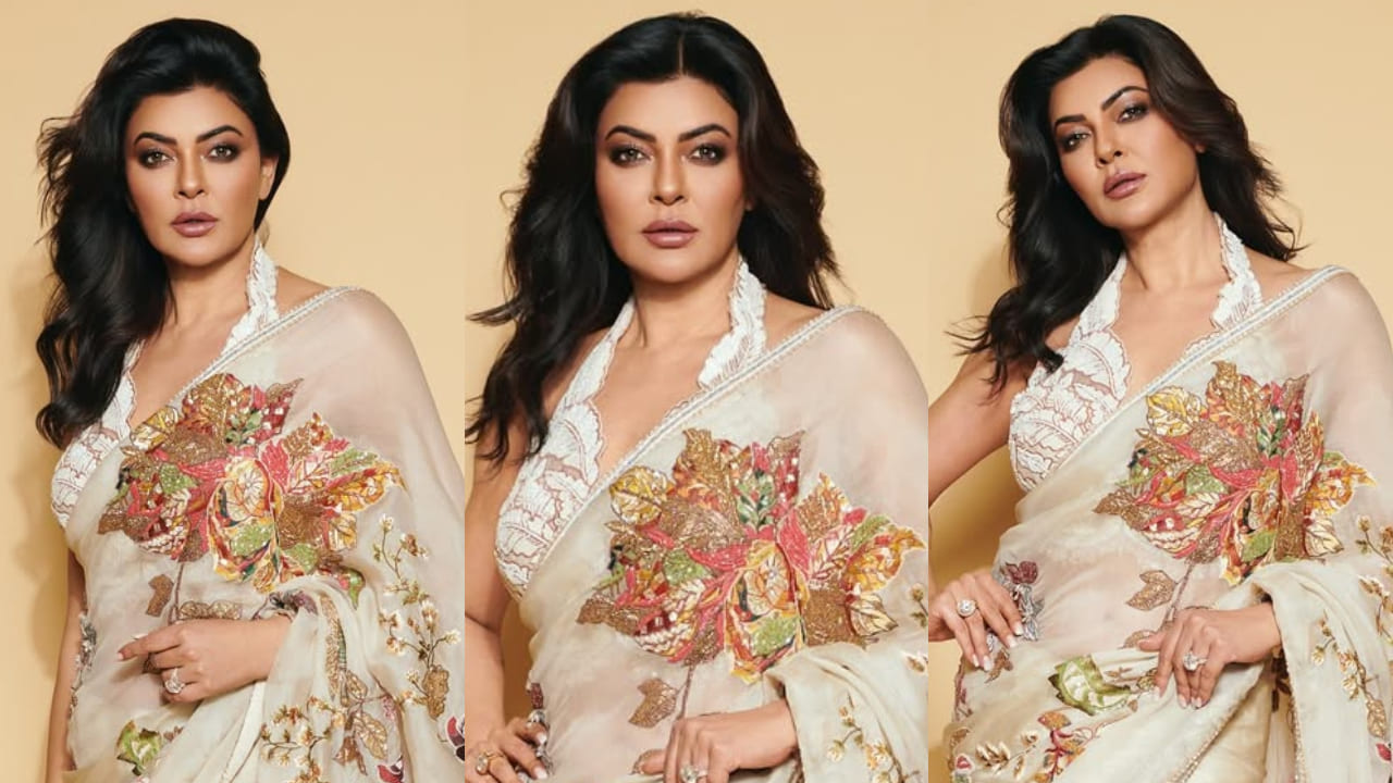 Sushmita Sen looks hot as she serves Mai Hoon Na vibes in breezy lightweight saree and modern blouse. PC: Dhruv Dixit