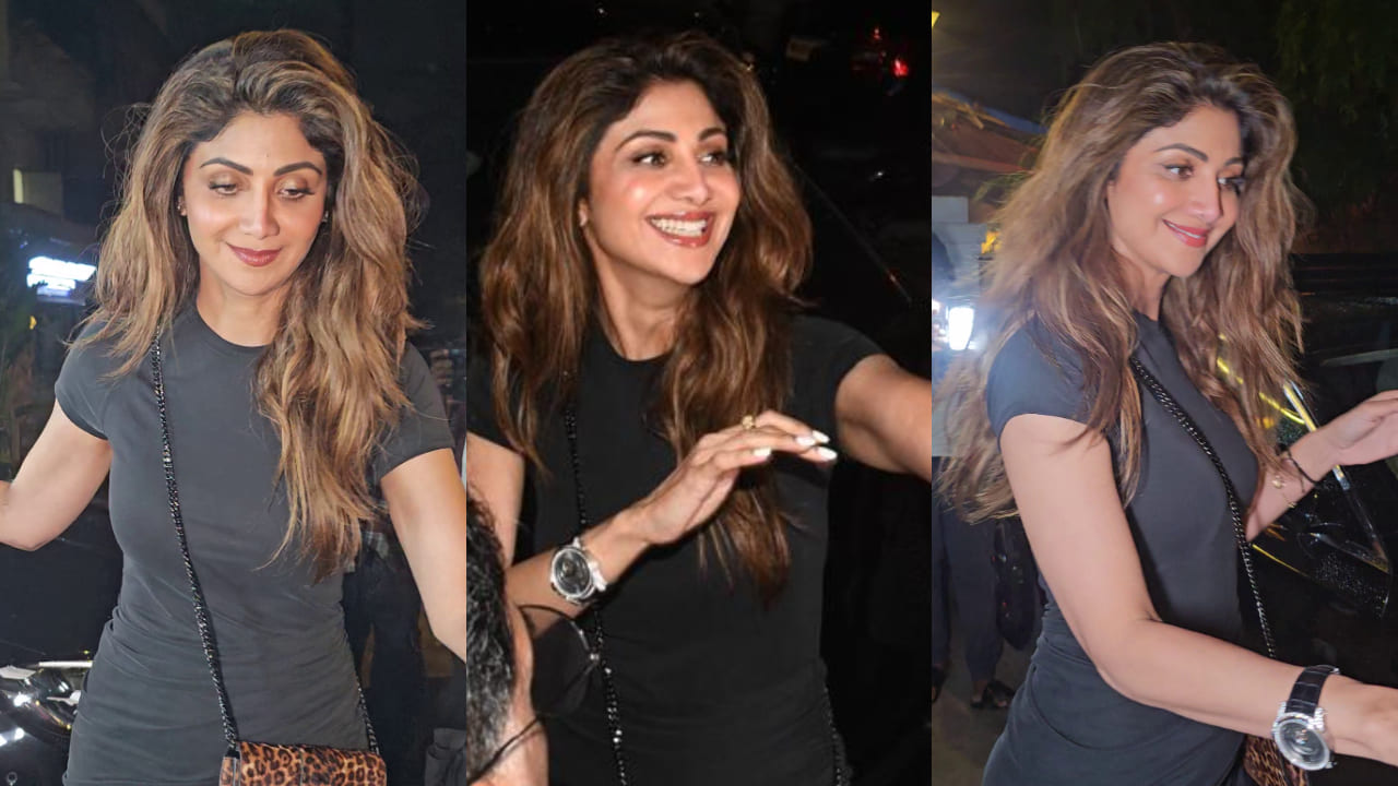 Not Shilpa Shetty’s mini black dress but Rs 35,300 Leopard print bag creates fashion moment on her dinner date. PC: Bablu, Varinder, APH Images 