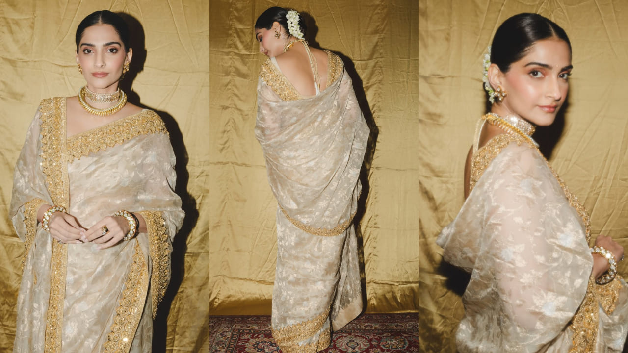 Sonam Kapoor owns royal throne in Abu Jani Sandeep Khosla golden tissue saree. PC: Gourab Ganguli