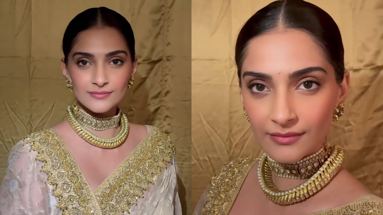 Sonam Kapoor owns royal throne in Abu Jani Sandeep Khosla golden tissue saree. PC: Gourab Ganguli