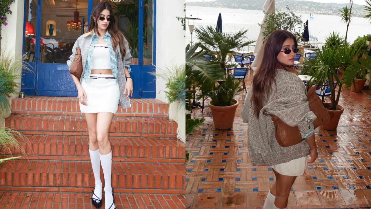 Janhvi Kapoor turns heads in Cannes with school-going look in knit skirt set and socks topped with oversized jacket