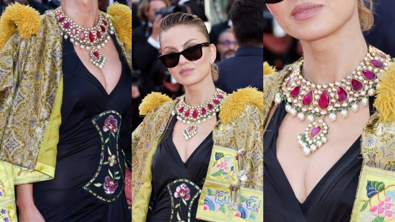 Natasha Poonawalla's iconic Cannes Film Festival 2025 red carpet look with 'Rani Haar' transforms her black Dior dress. PC: Getty Images