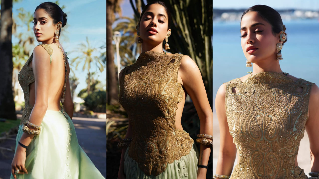 Janhvi Kapoor is decked in traditional jewelry with backless Anamika Khanna gown at Cannes premiere of Homebound