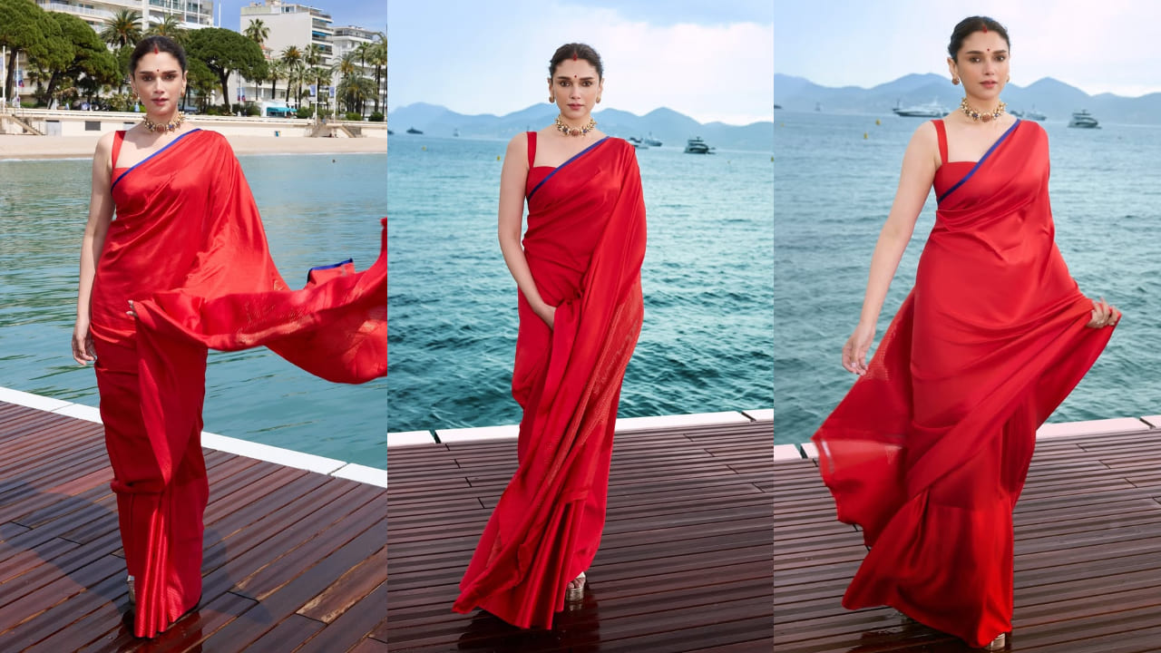 Aditi Rao Hydari wears sindoor and red saree as she flaunts new bride energy at Cannes 2025. PC: Amit Singh, Anant (IG - eastmancolourr), Aditi Rao Hydari IG