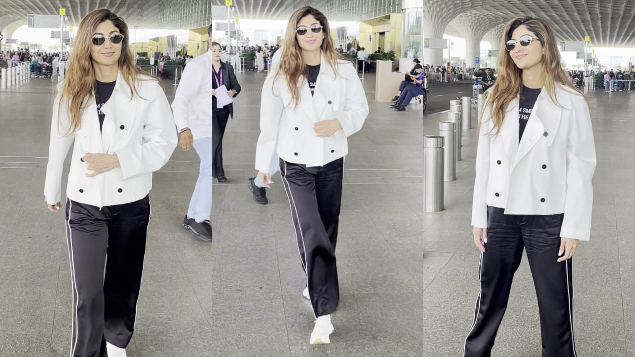 Travel Style: Shilpa Shetty Kundra keeps it comfy as she wears track pants with biker jacket at Mumbai airport. PC: Varinder