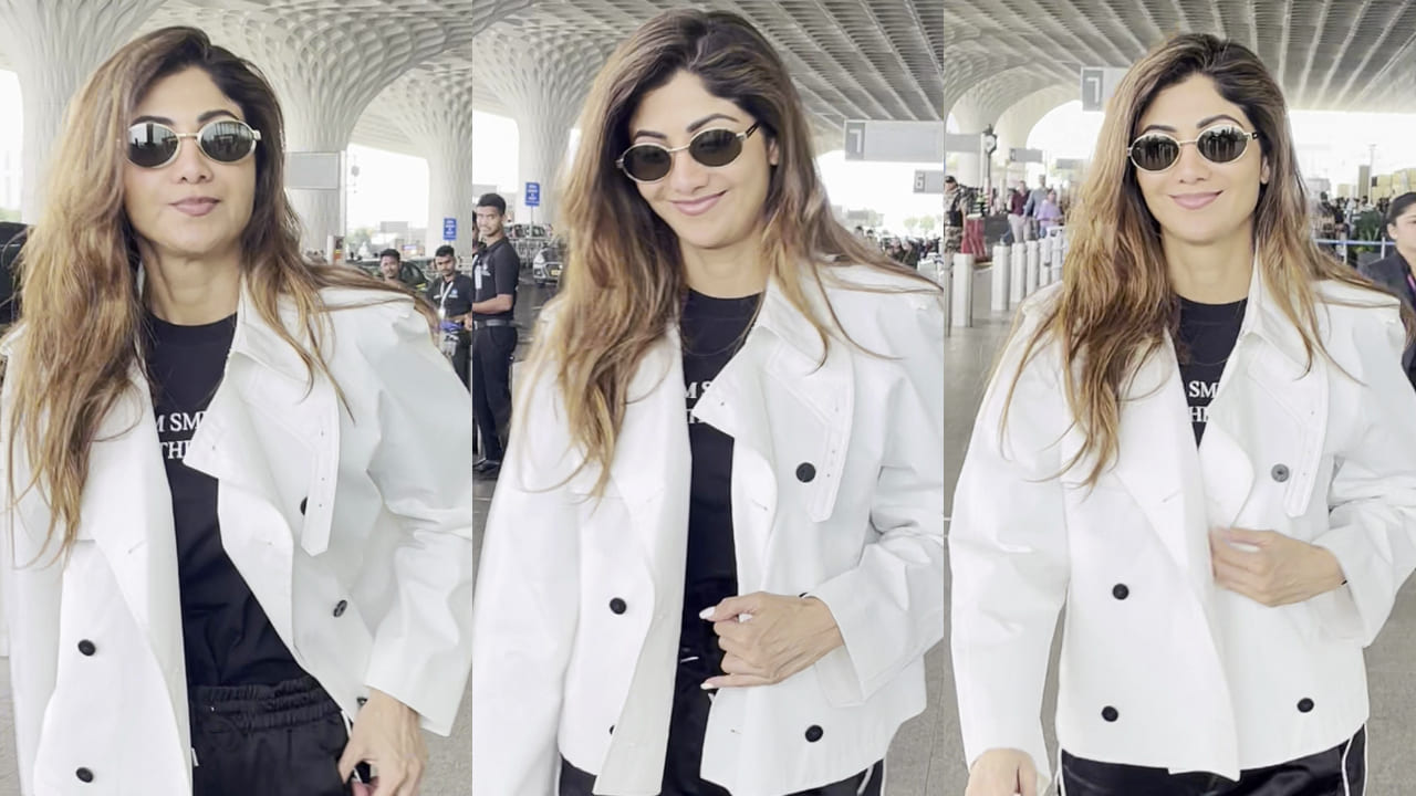 Travel Style: Shilpa Shetty Kundra keeps it comfy as she wears track pants with biker jacket at Mumbai airport. PC: Varinder