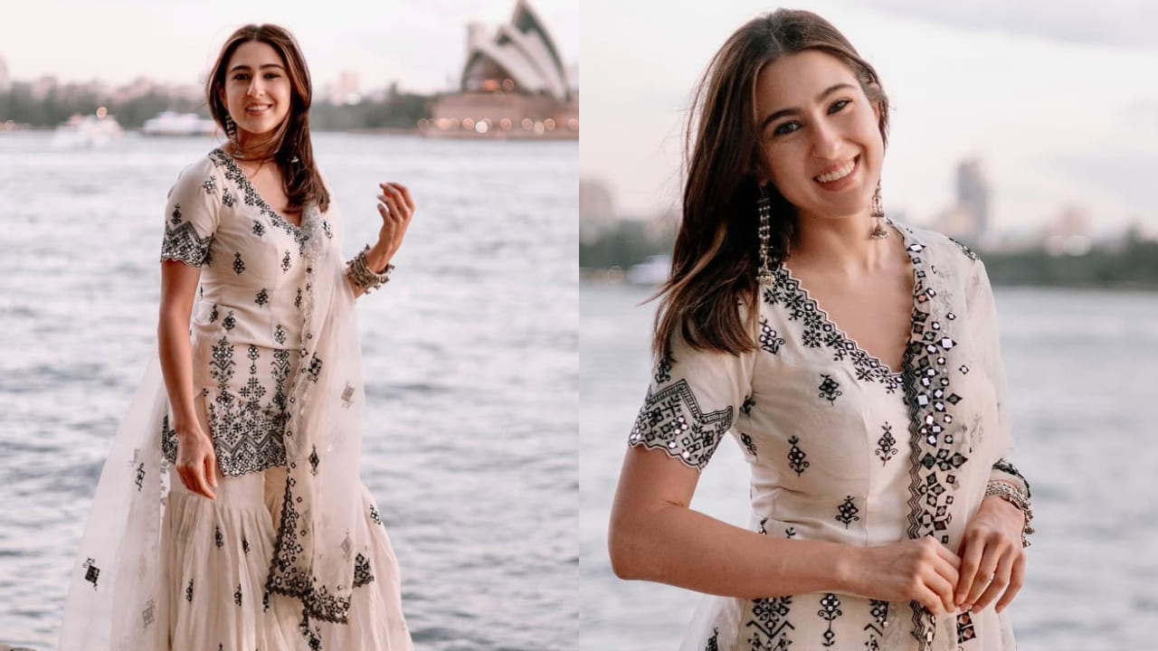 5 celeb-inspired short kurti and gharara looks for wedding season. PC: Tiana Kamte, Sukriti Grover IG, Black Box Creatives, Sara Ali khan IG, Ritika Mirchandani IG