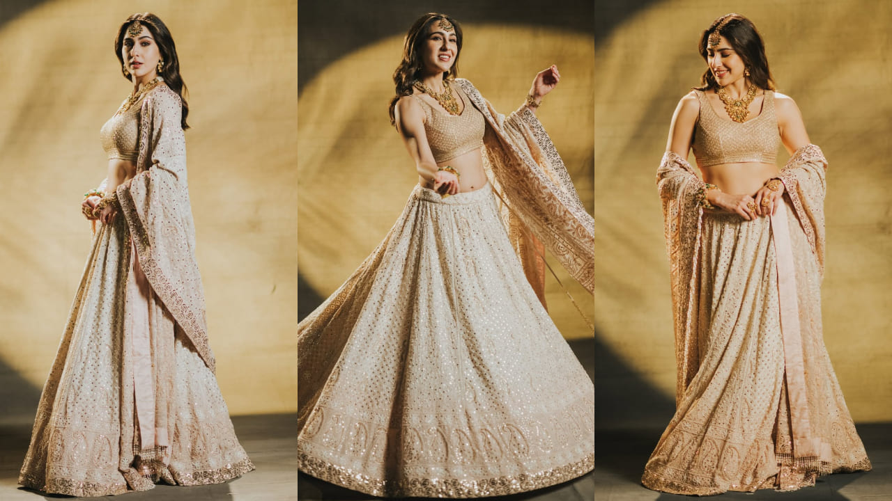  Sara Ali Khan channels her true royal aura in ivory salma sitara lehenga paired with South Indian temple jewelry. PC: Arshaan Gandhi