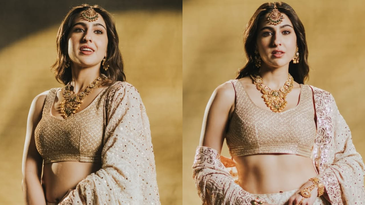 Sara Ali Khan channels her true royal aura in ivory salma sitara lehenga paired with South Indian temple jewelry. PC: Arshaan Gandhi