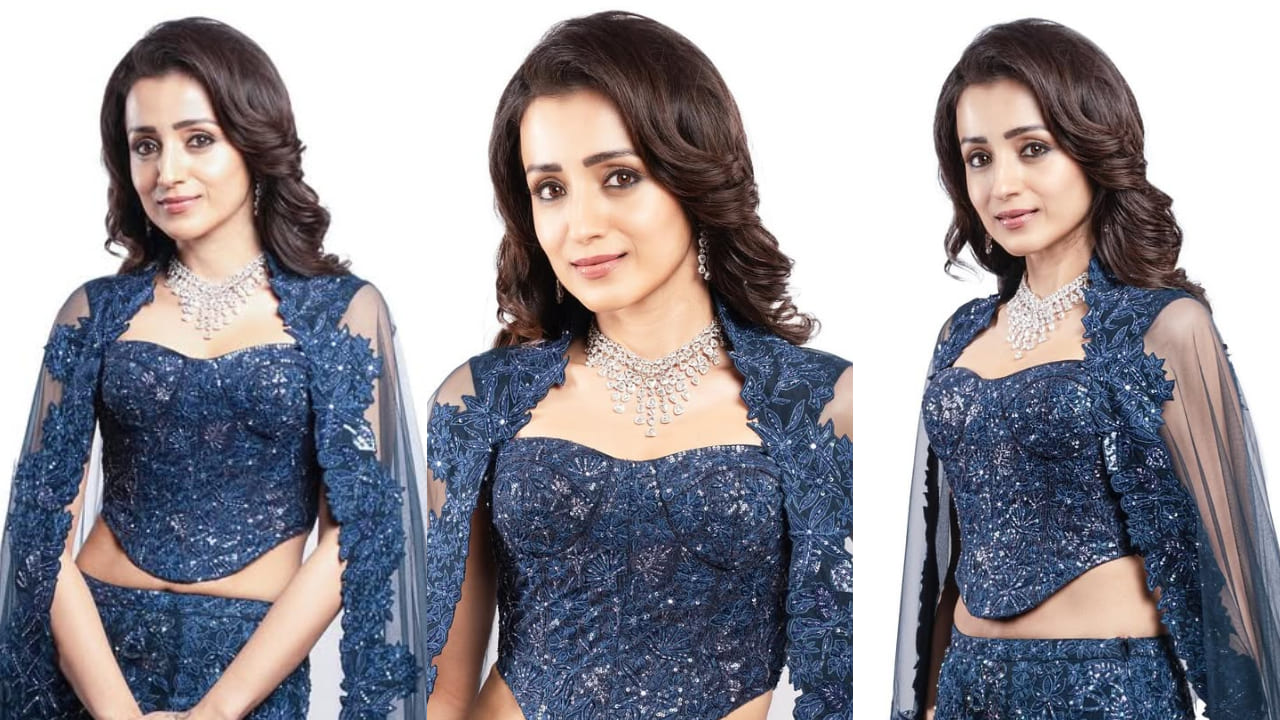 Trisha Krishnan wears mermaid-style blingy lehenga for Thug Life promotion, perfect for wedding sangeet. PC: Sudarshan Balaji
