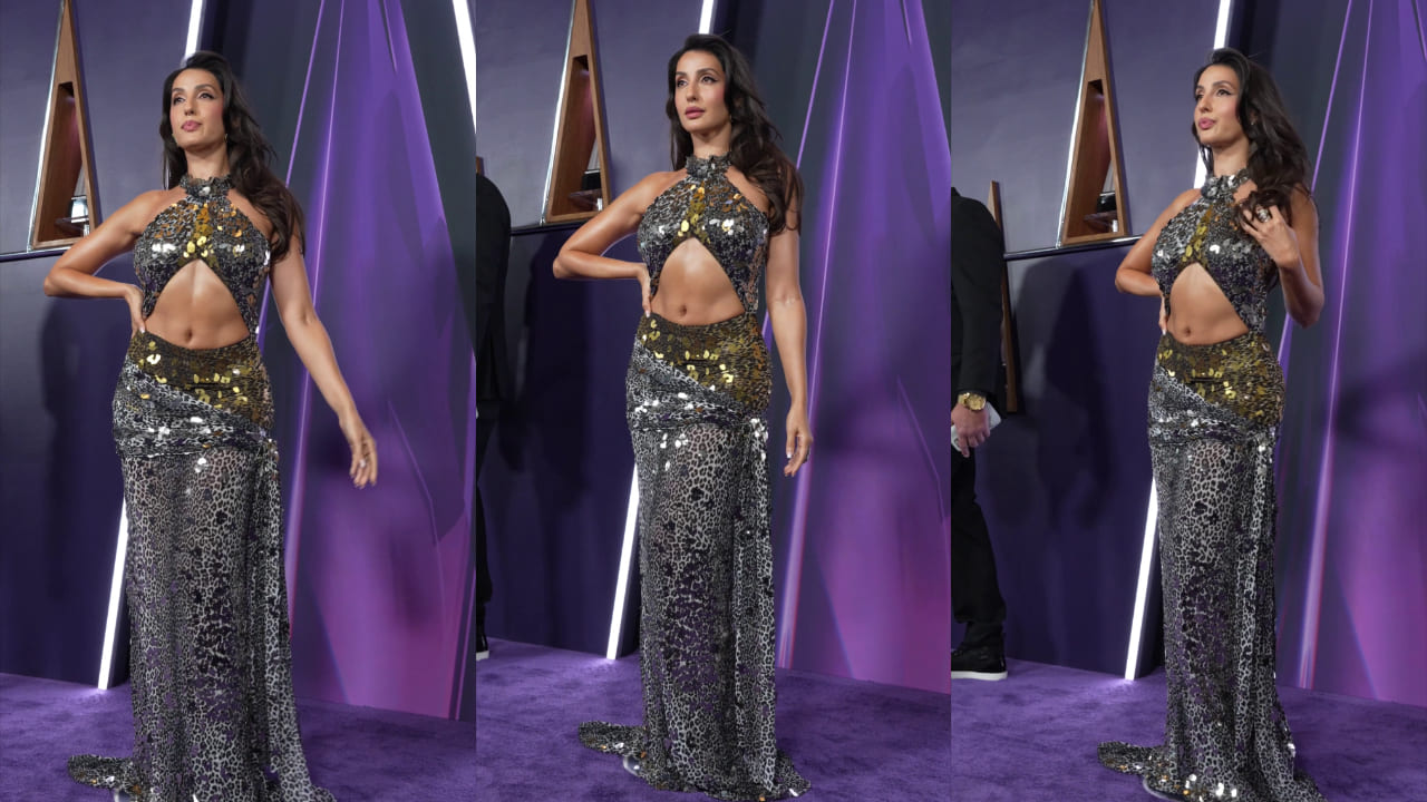 Nora Fatehi is too hot to handle in Tom Ford Leopard print gown bedazzled with sequins. PC: Team Nora Fatehi 