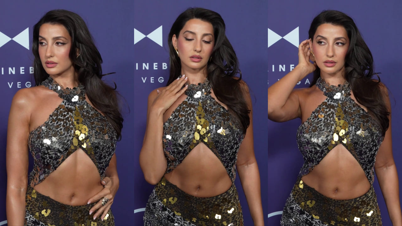 Nora Fatehi is too hot to handle in Tom Ford Leopard print gown bedazzled with sequins. PC: Team Nora Fatehi 