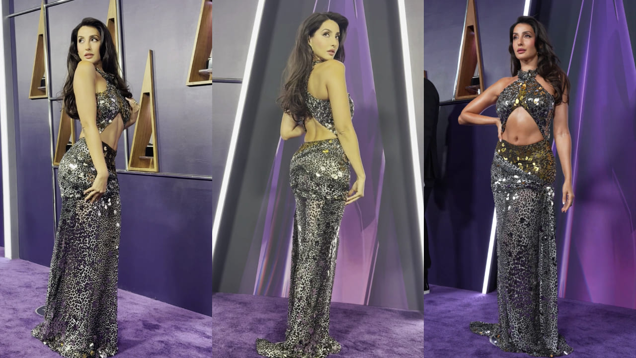 Nora Fatehi is too hot to handle in Tom Ford Leopard print gown bedazzled with sequins. PC: Team Nora Fatehi 