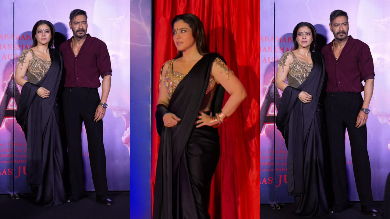 Kajol shows how to style plain black saree with embellished golden blouse and bold eye makeup