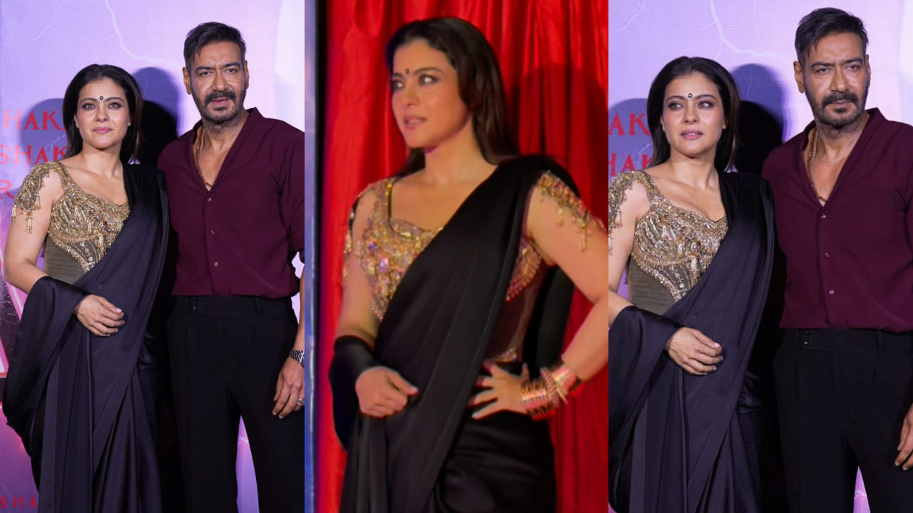 Kajol shows how to style plain black saree with embellished golden blouse and bold eye makeup