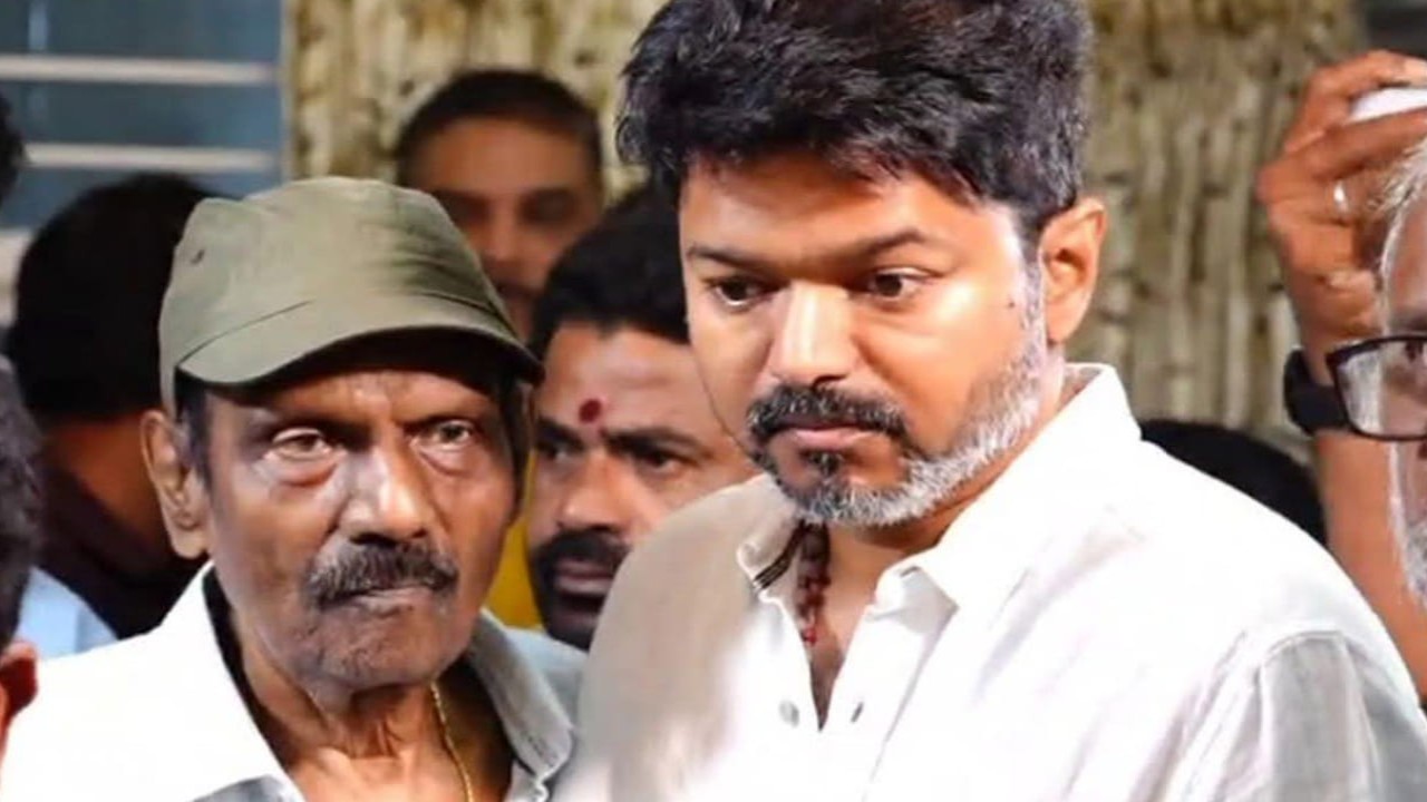 Thalapathy Vijay pays his final respects to Goundamani’s wife Shanti (PC: Tamil Nadu Vijay Fans Club, X) Thalapathy Vijay pays his final respects to Goundamani’s wife Shanti