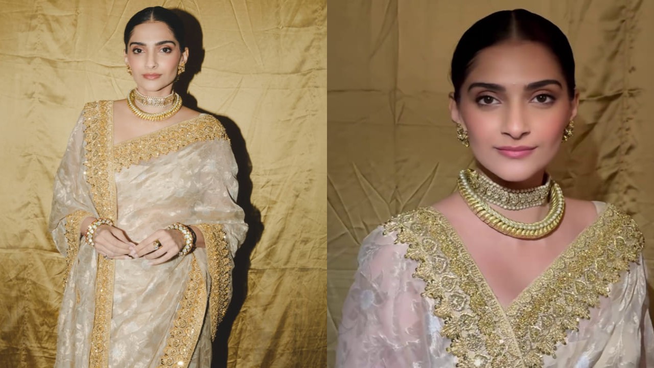 Sonam Kapoor owns royal throne in Abu Jani Sandeep Khosla golden tissue saree. PC: Gourab Ganguli Sonam Kapoor