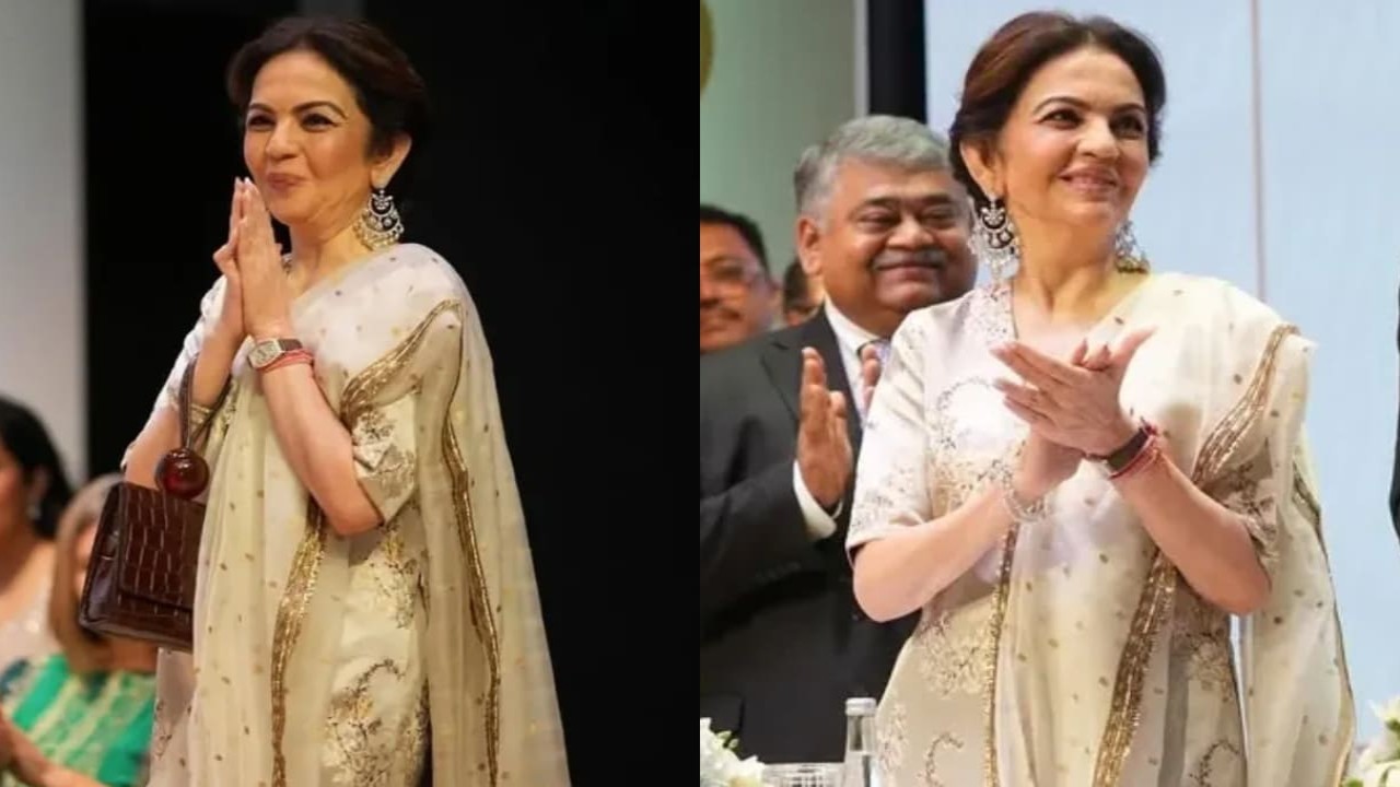 Nita Ambani pairs chandelier diamond earrings with golden beige kurta set and radiates ethical charm . PC: Ambani Updates IG Nita Ambani