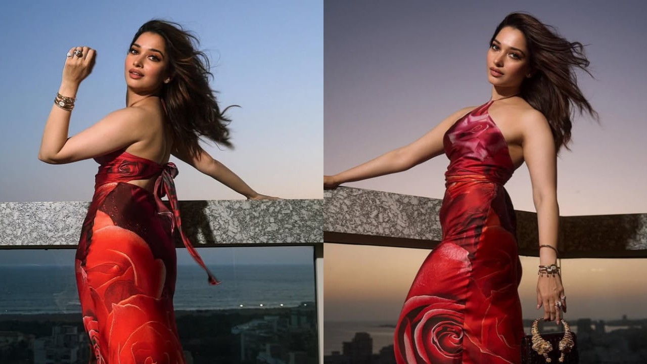 Tamannaah Bhatia breaks away from usual, pairs Rs 3,13,412 Medium Roar bag with hot rose print dress (PC: Ajay Kadam) Tamannaah Bhatia