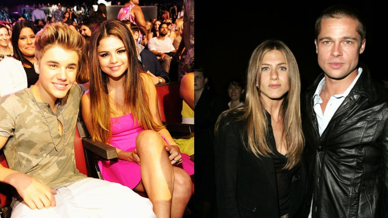 Justin Bieber-Selena Gomez to Brad Pitt-Jennifer Aniston (Getty Images) Justin Bieber-Selena Gomez to Brad Pitt-Jennifer Aniston via Getty Images