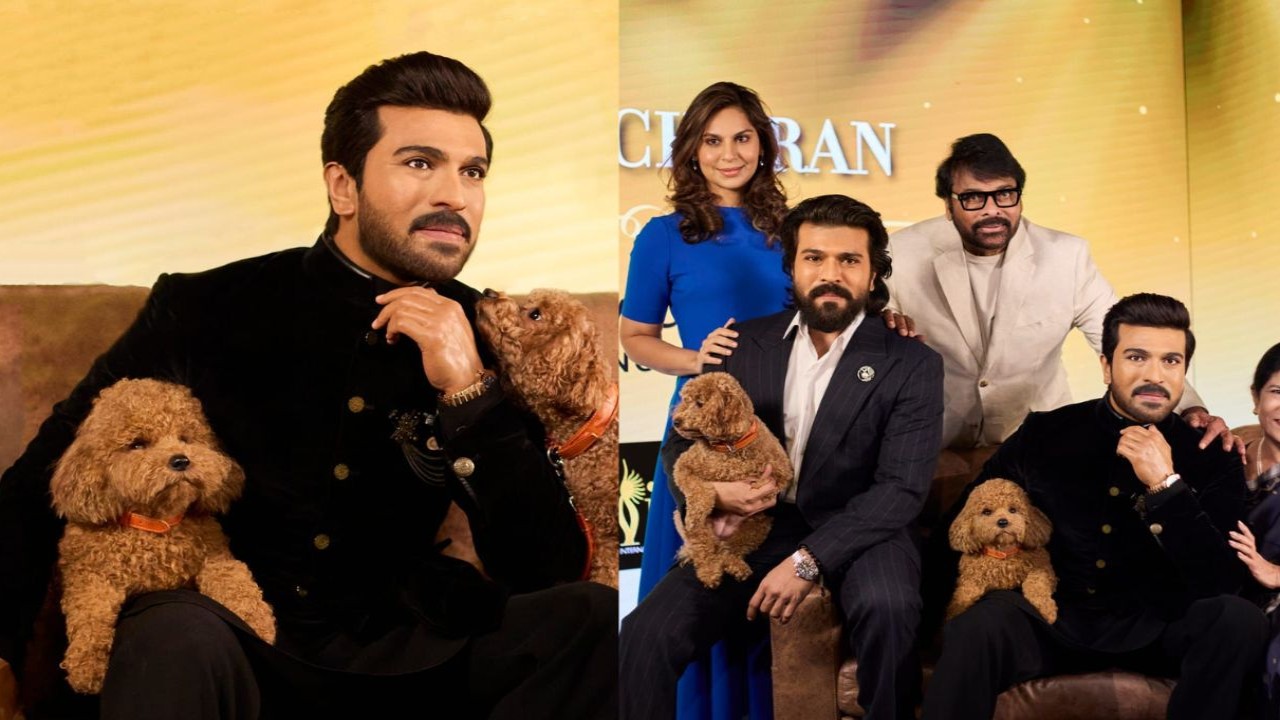 Viral Photo: Ram Charan and pet dog Rhyme get their wax statue at Madame Tussauds; Upasana and Chiranjeevi pose (PC: Pinkvilla) Viral Photo: Ram Charan and pet dog Rhyme get their wax statue at Madame Tussauds; Upasana and Chiranjeevi pose