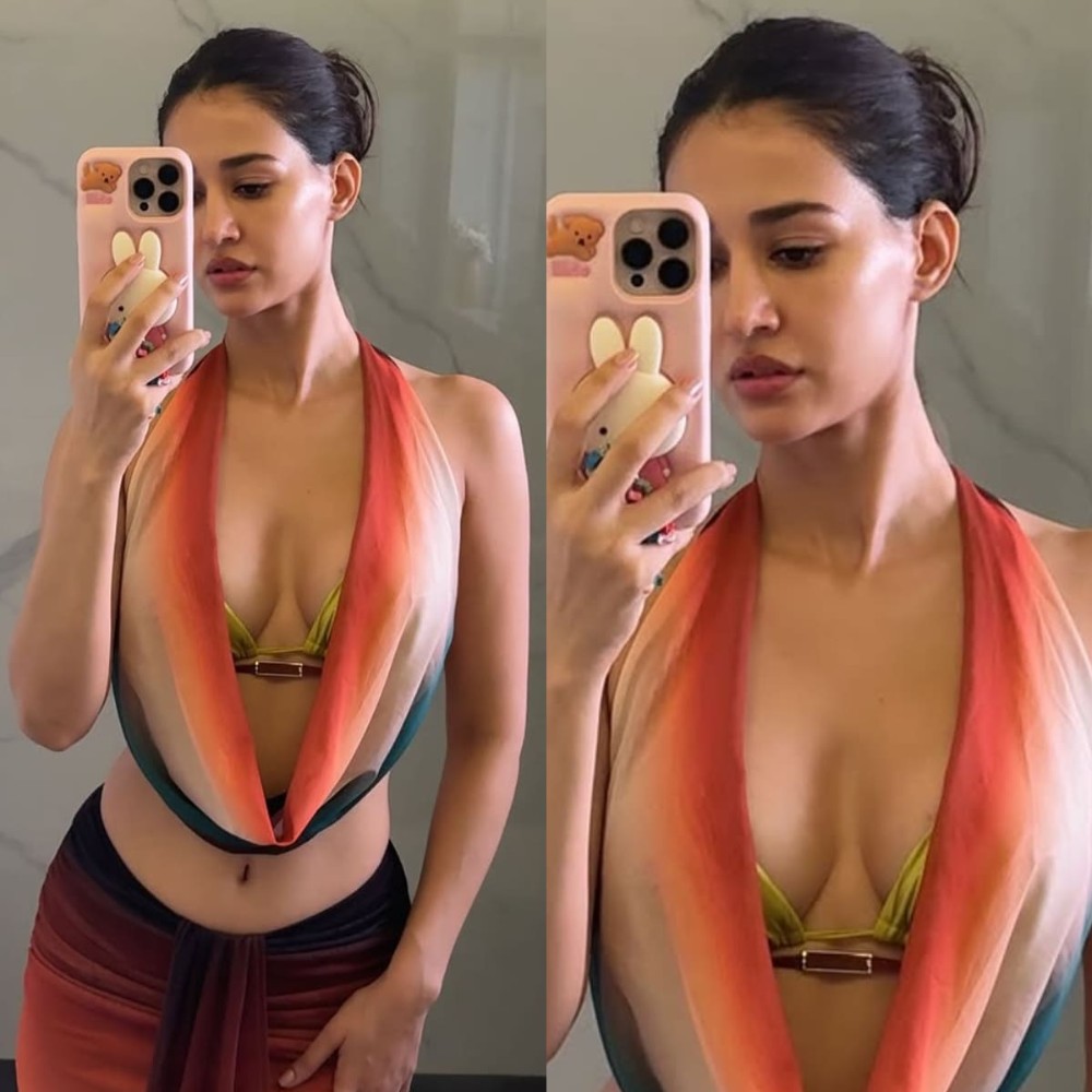 Disha Patani wears only scarf-like top with golden bralette and drape skirt, raising temperatures