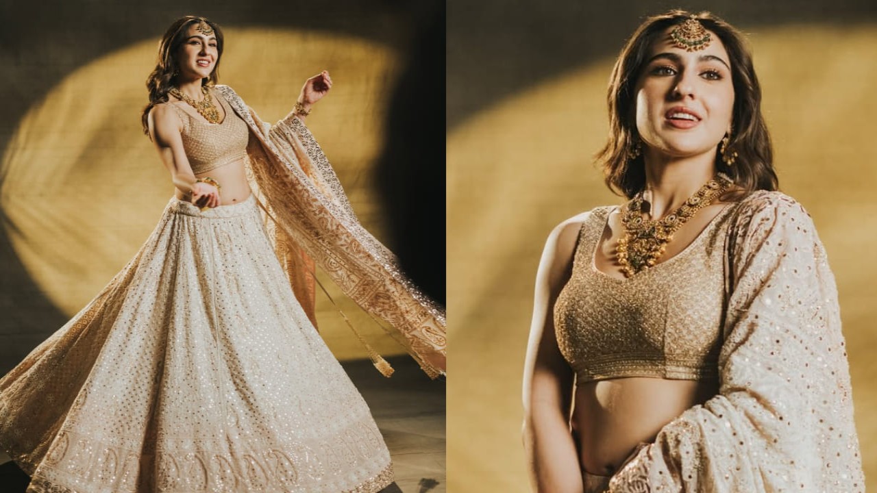Sara Ali Khan channels her true royal aura in ivory salma sitara lehenga paired with South Indian temple jewelry. PC: Arshaan Gandhi Sara Ali Khan