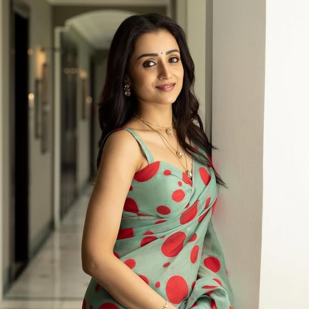 Trisha Krishnan stuns in polka dot saree with matching sleeveless blouse for Thug Life promotions