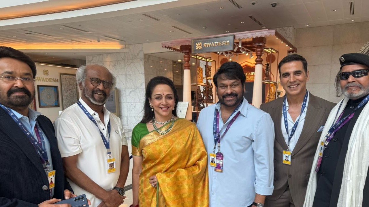Rajinikanth, Mohanlal, Akshay Kumar, Hema Malini, Mithun Chakraborty and Chiranjeevi pose at Waves 2025 (PC: Chiranjeevi on X) Rajinikanth, Mohanlal, Akshay Kumar, Hema Malini, Mithun Chakraborty and Chiranjeevi pose at Waves 2025