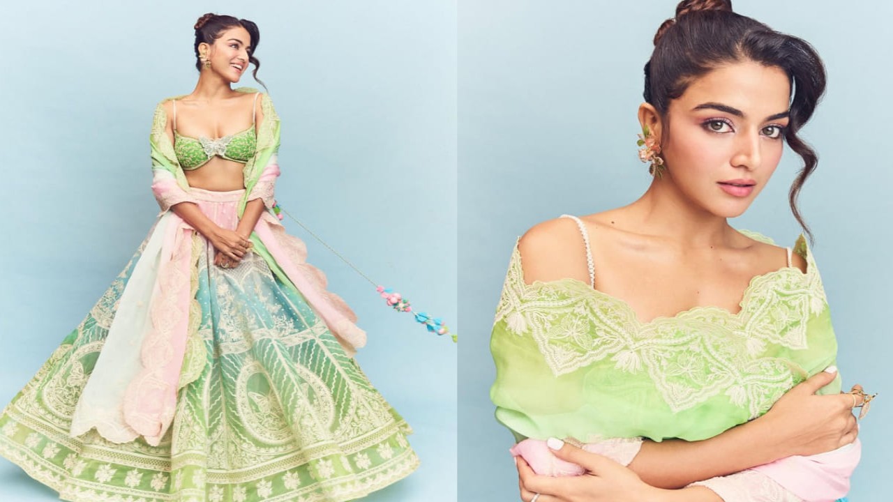 Wamiqa Gabbi’s pastel ombre lehenga with plunging neckline blouse sets perfect tone for modern ethnic fashion. PC: Aman Nagoshe Wamiqa Gabbi