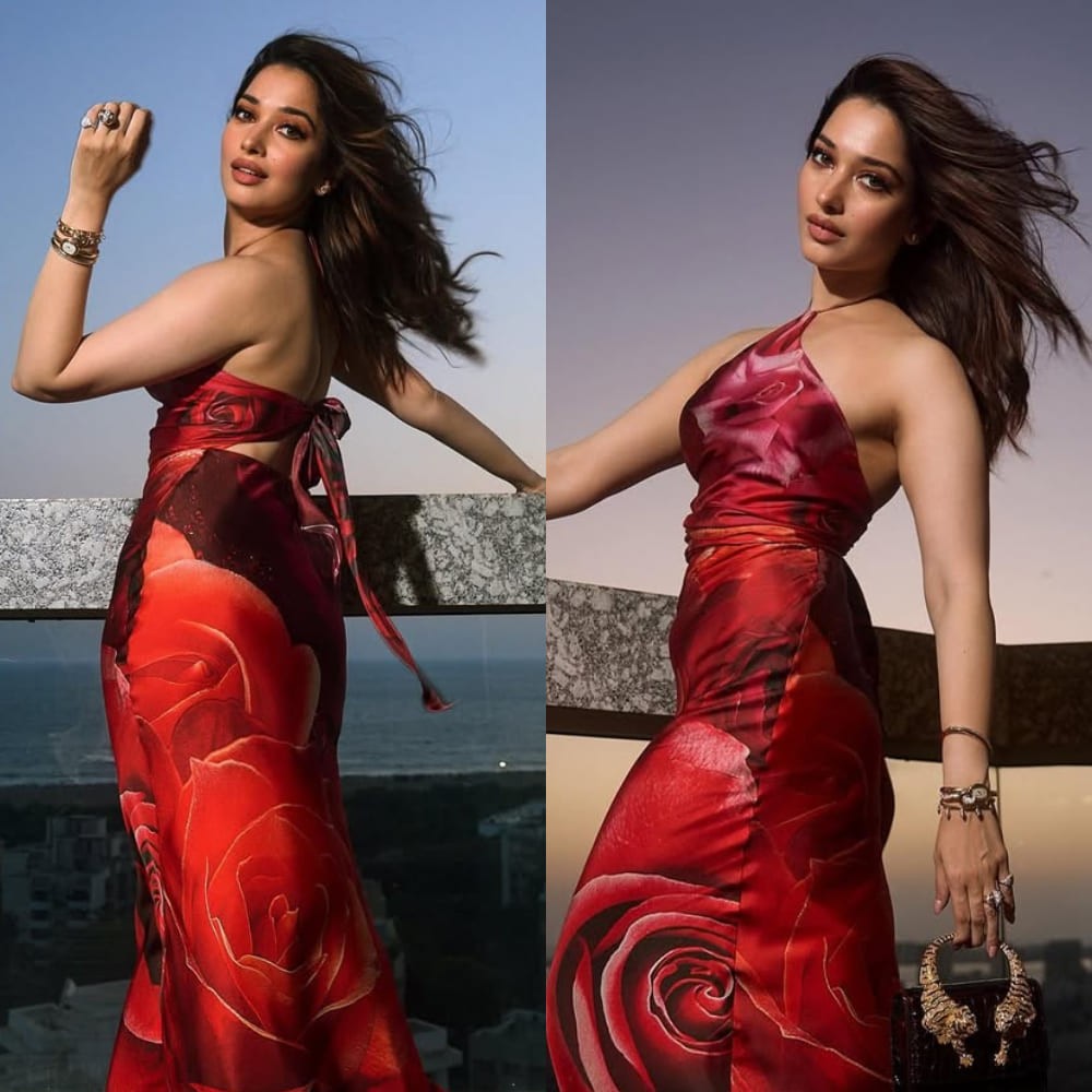 Tamannaah Bhatia breaks away from usual, pairs Rs 3,13,412 Medium Roar bag with hot rose print dress