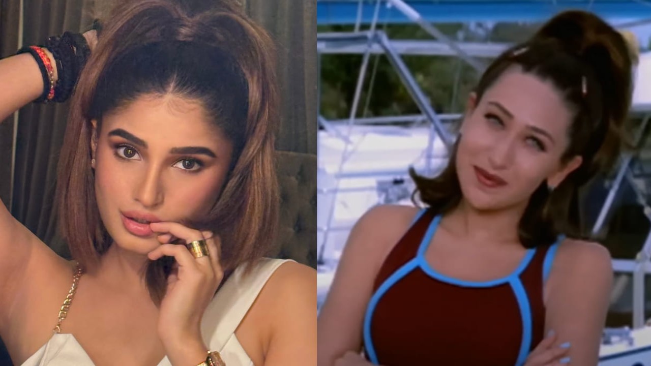Rasha Thadani recreates Karisma Kapoor’s iconic high pony hairstyle with bronzed make-up. PC: Rasha Thadani IG, TIPS official YT Rasha Thadani and Karisma Kapoor